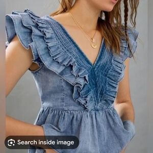 BiBi Light Blue Denim Peplum Top with Ruffle Trim